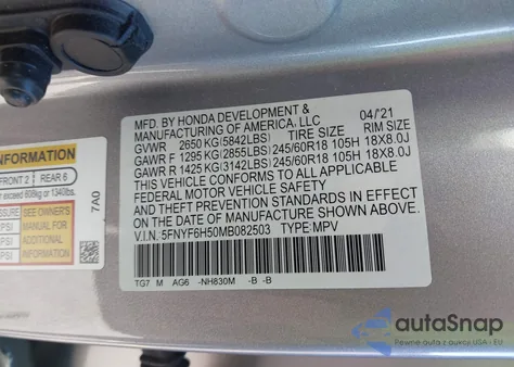 2021 Honda Pilot Awd Ex-L из США, поврежденный, VIN 5FNYF6H50MB082503